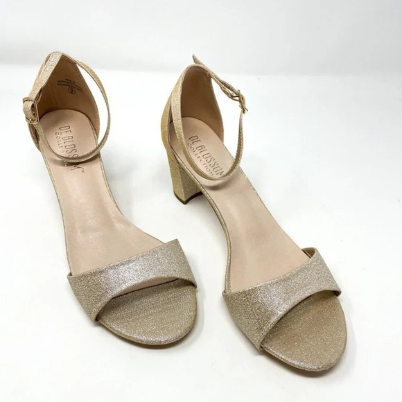 De Blossom Ankle Strap Low Heel Sparkle Wedding Event Shoe Gold Size 9 - Picture 2 of 8